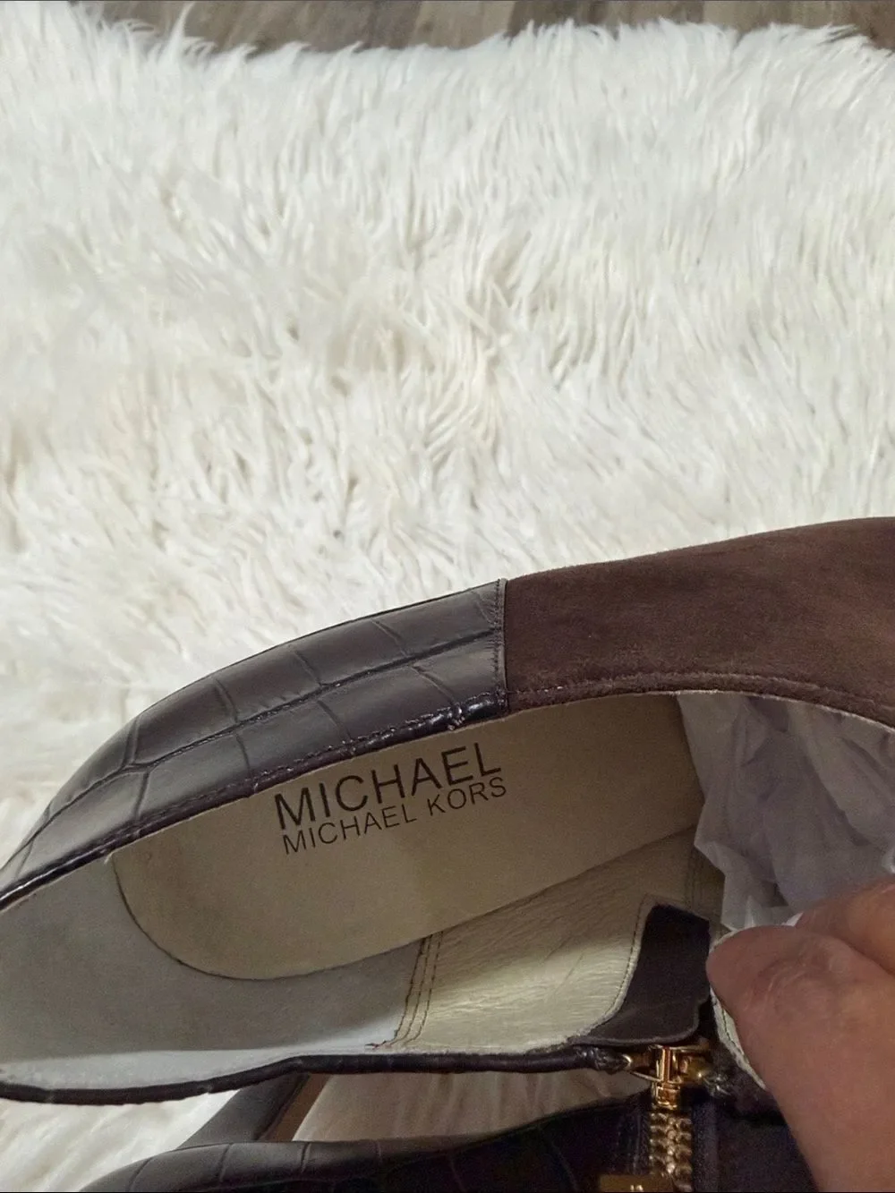 Michael Kors Dark Brown Suede & Croc-Embossed Ankle Booties